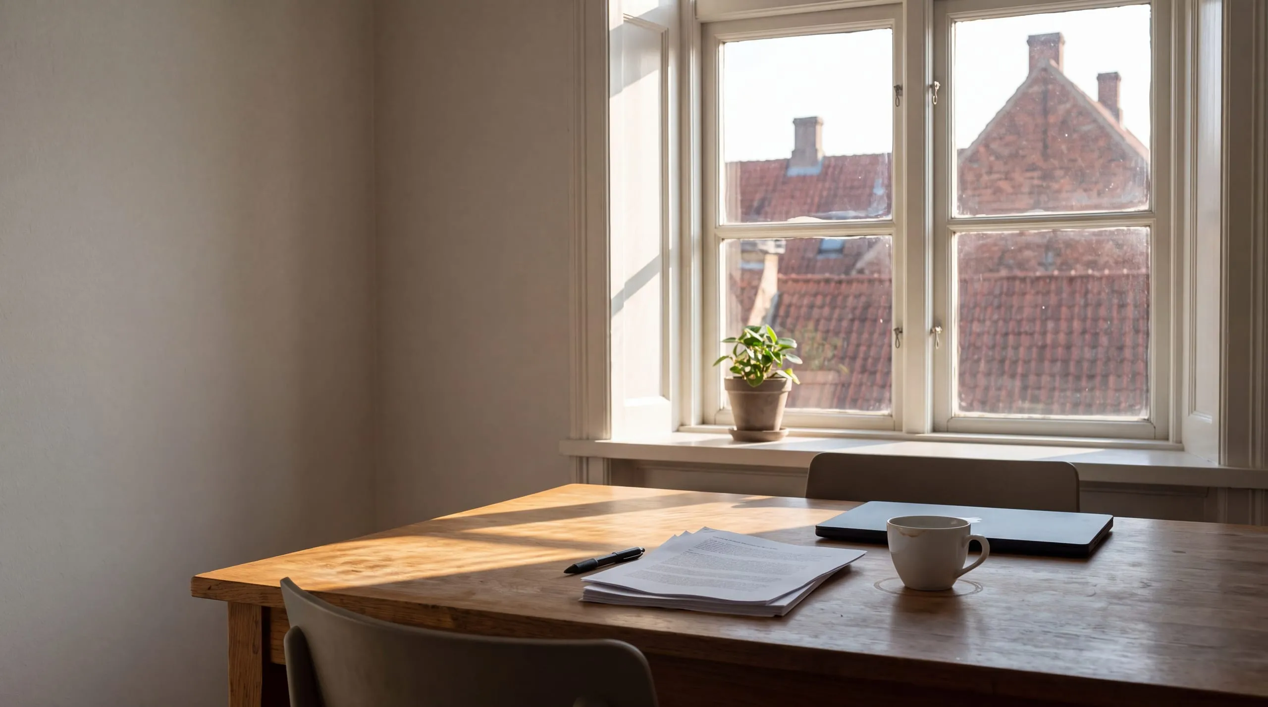 A desk by a tall window in a bright office, printed pages, a pen and a cup in morning sun, the city rooftops outside.