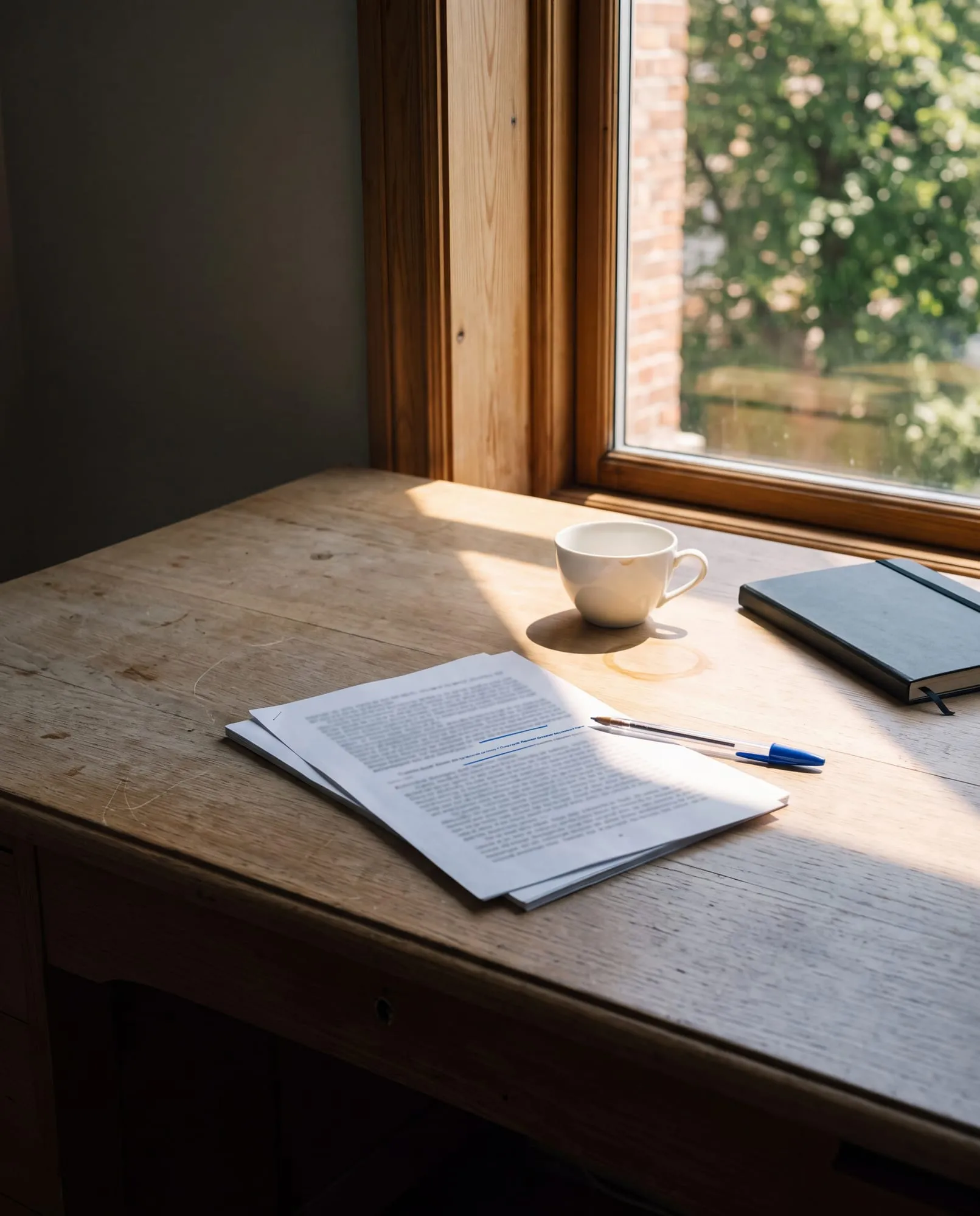 A reading desk by a window, printed pages with one line marked in pen, a cup, strong morning side light.