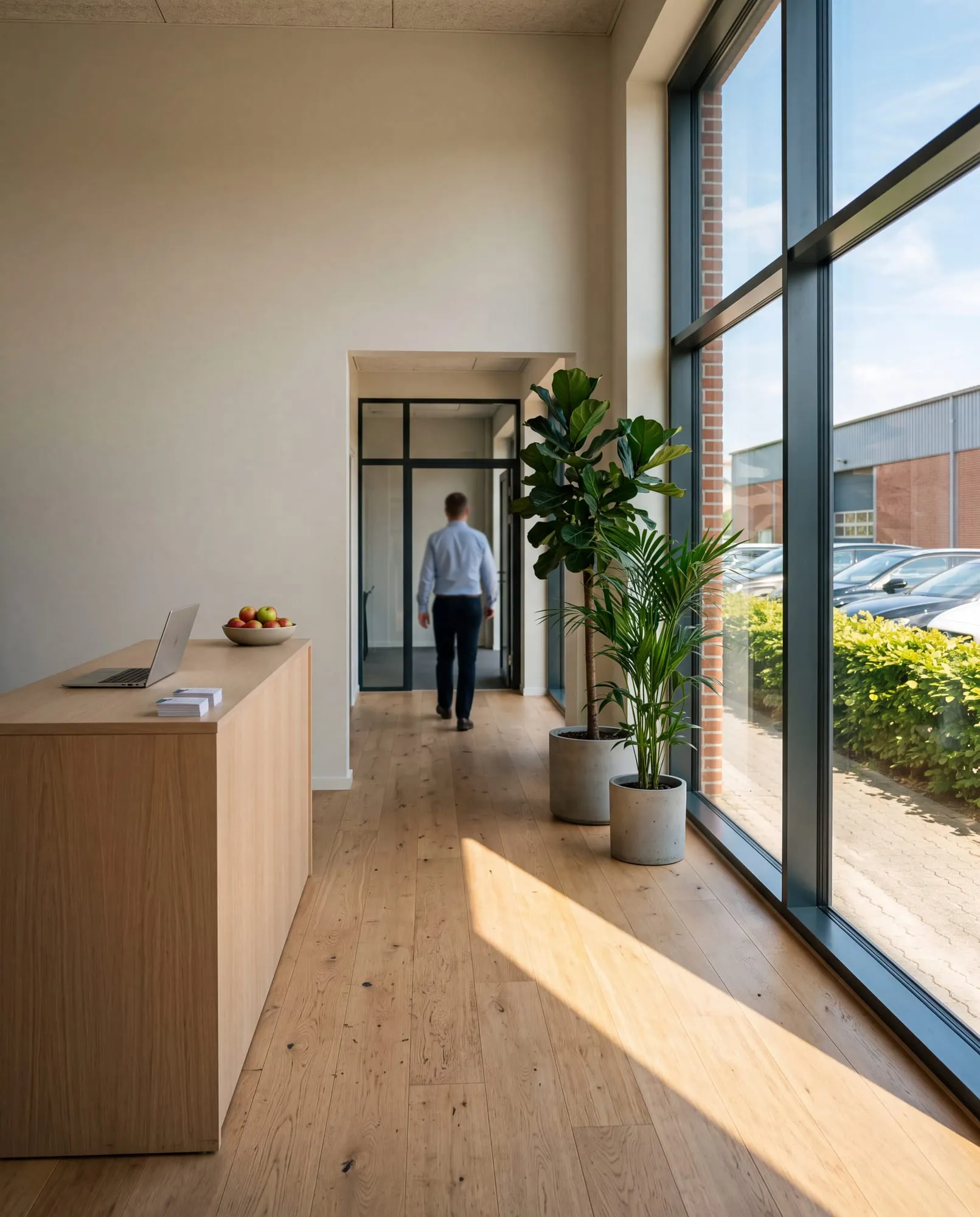 A bright reception with oak floor and green plants, a person walking away toward a glass door.
