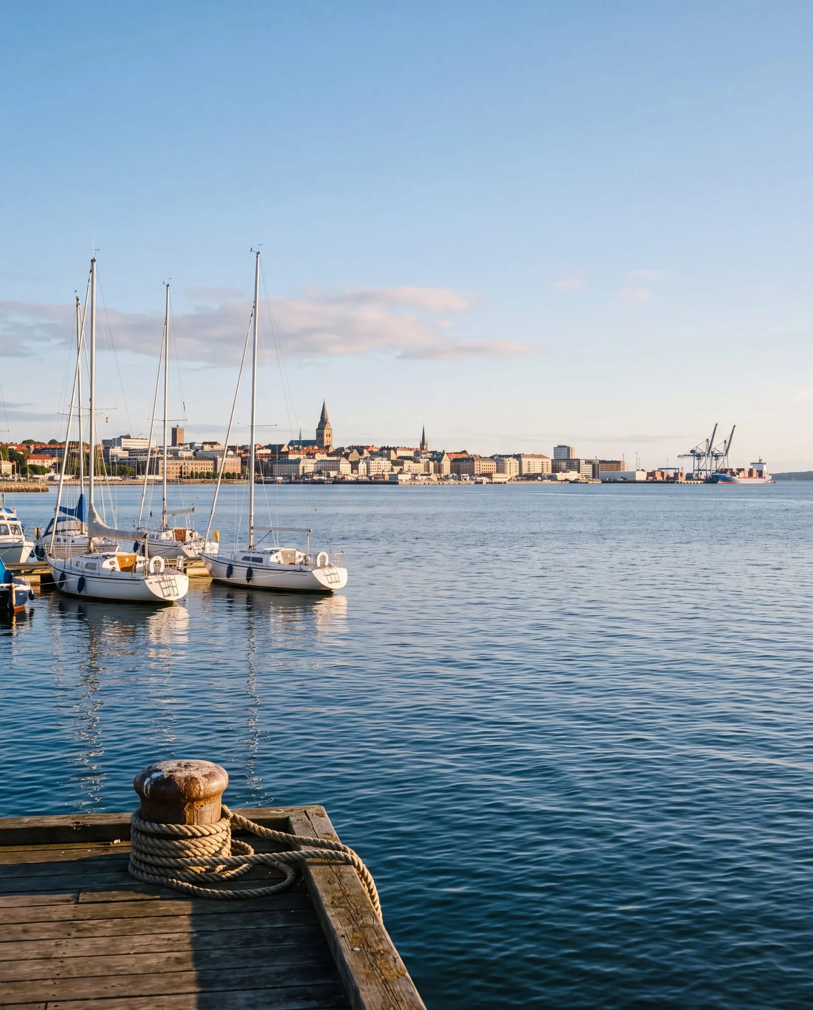 A harbour seen from across a bay in the morning, small sailing boats in the foreground, cranes small and far away on the horizon.