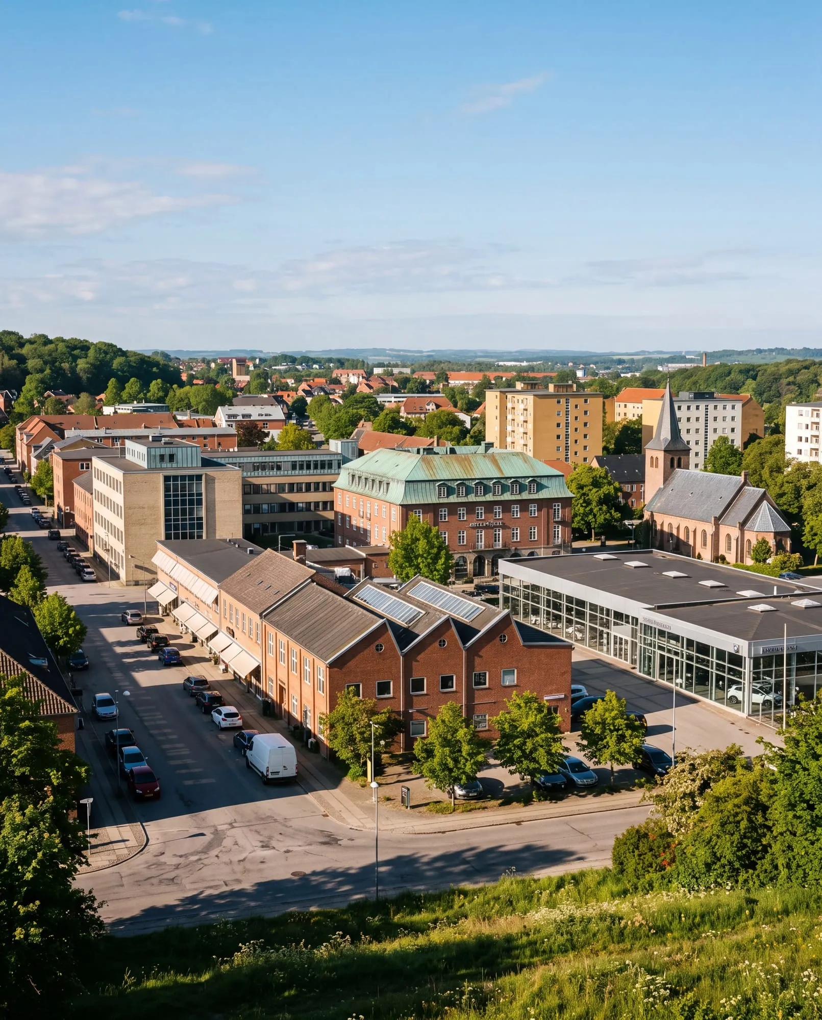 A mid-sized town’s mixed business district seen from a hill in morning light: offices, workshops, shops and varied roofs.