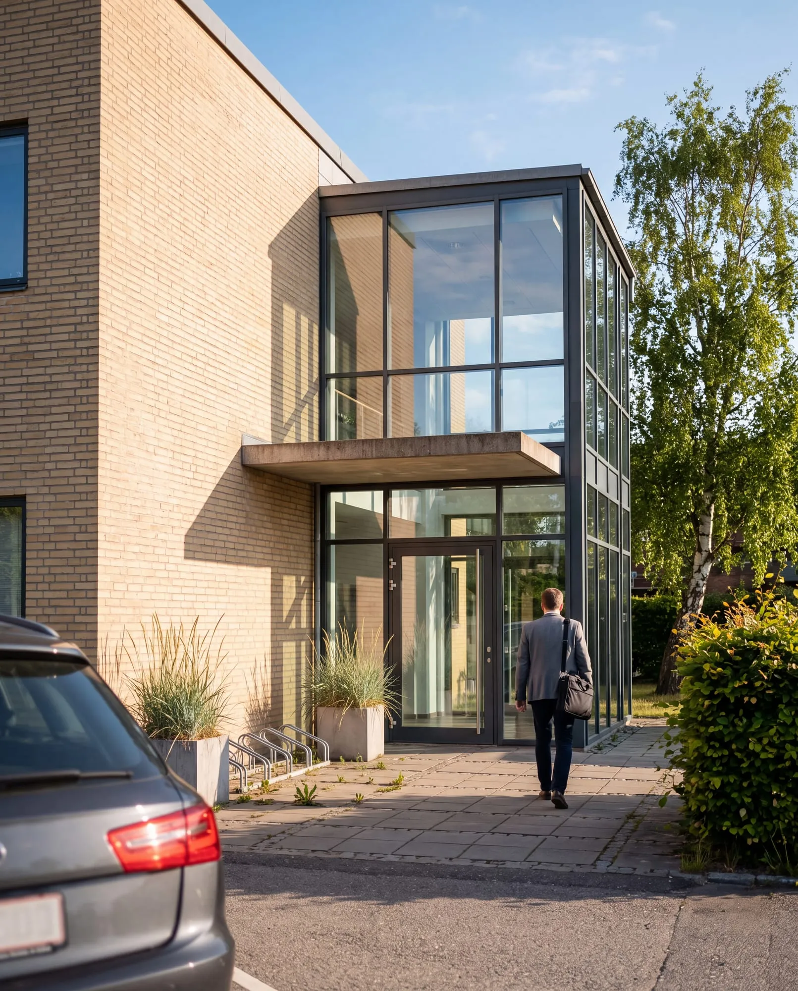 A bright glass office entrance seen from the visitor parking in the morning, a person seen from behind walking toward the door.