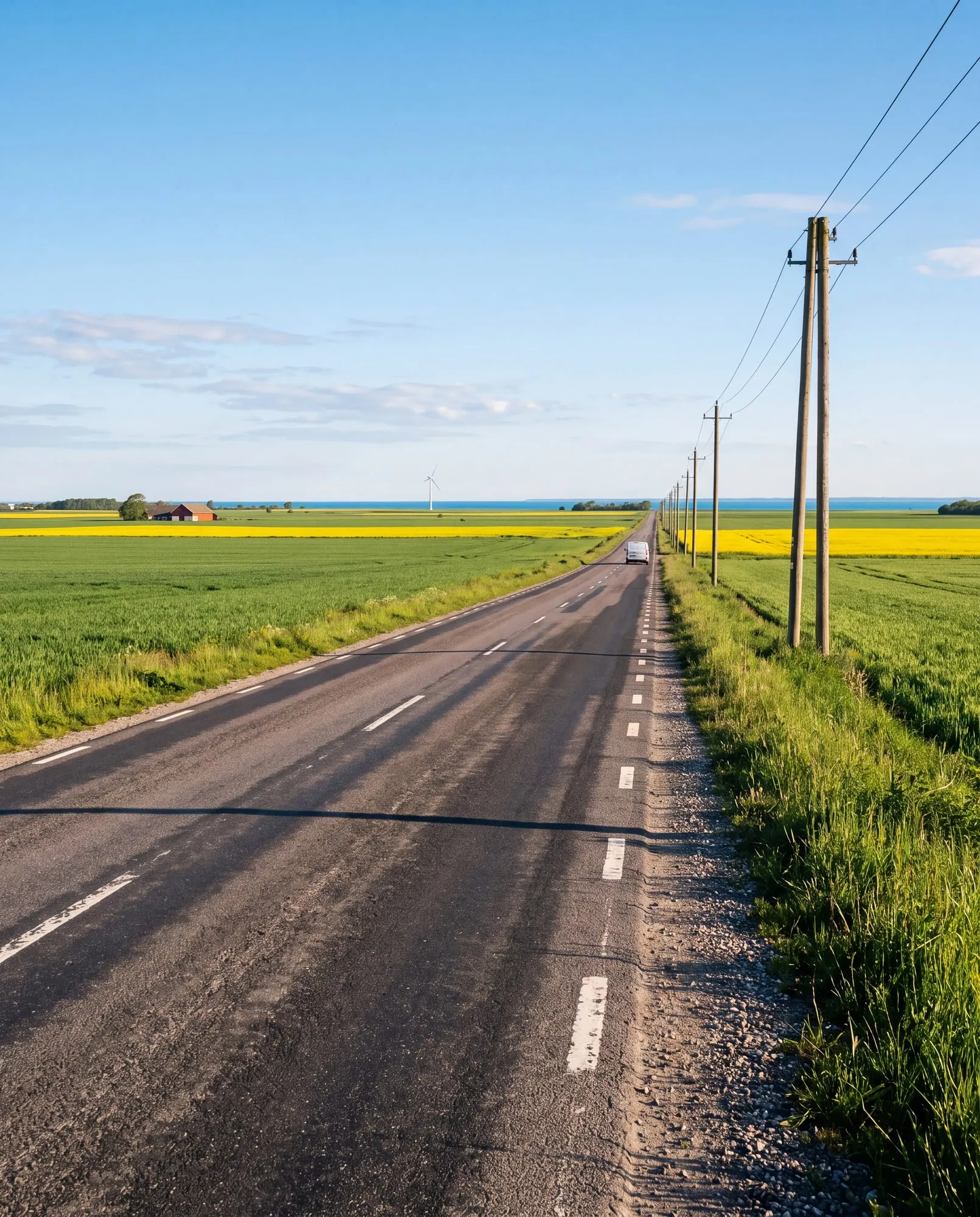 A straight country road across open fields in morning light, a bright strip of sea on the horizon.