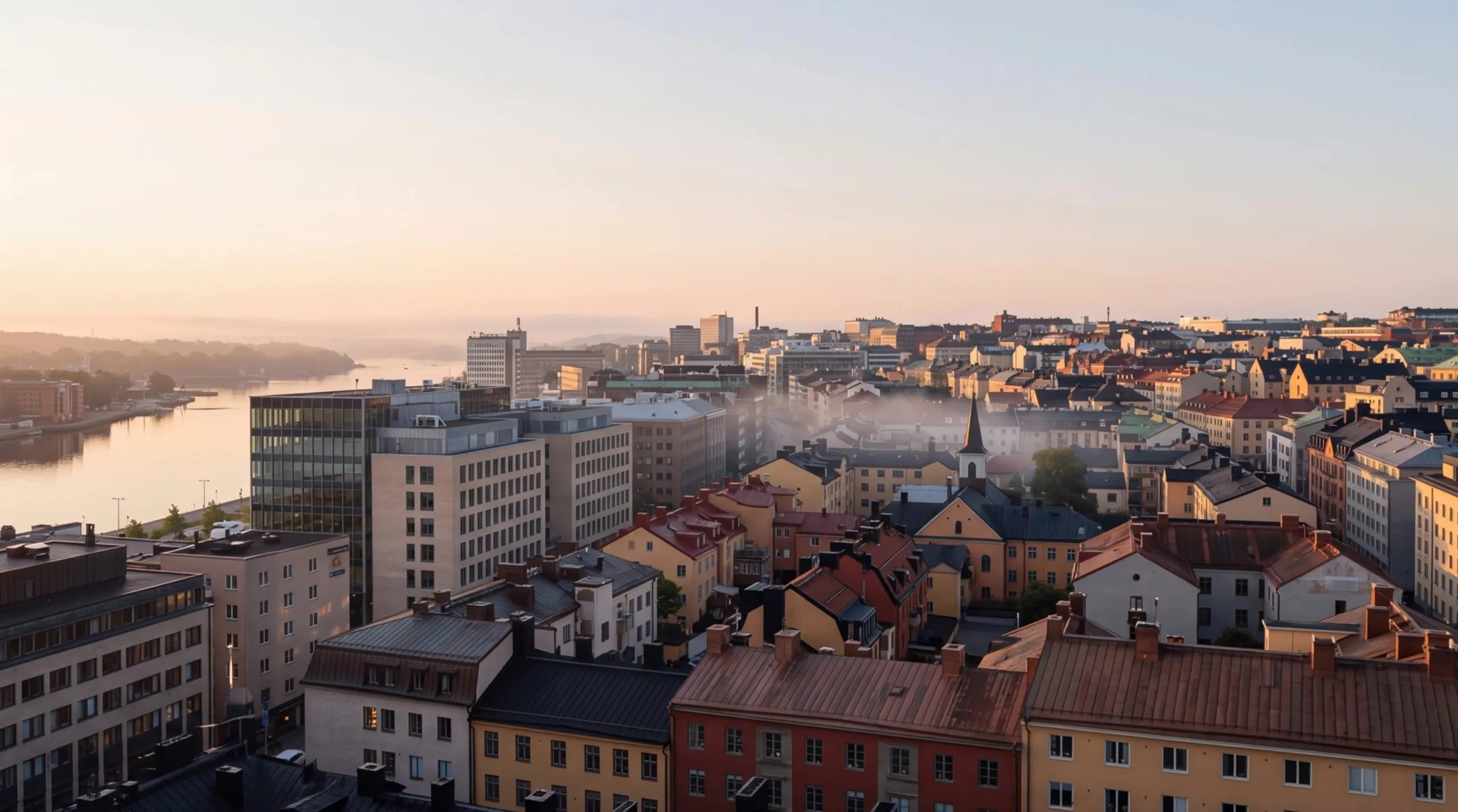 A city seen from a height in the first morning light, rooftops and offices on the right, haze and water on the left, a few windows still lit.