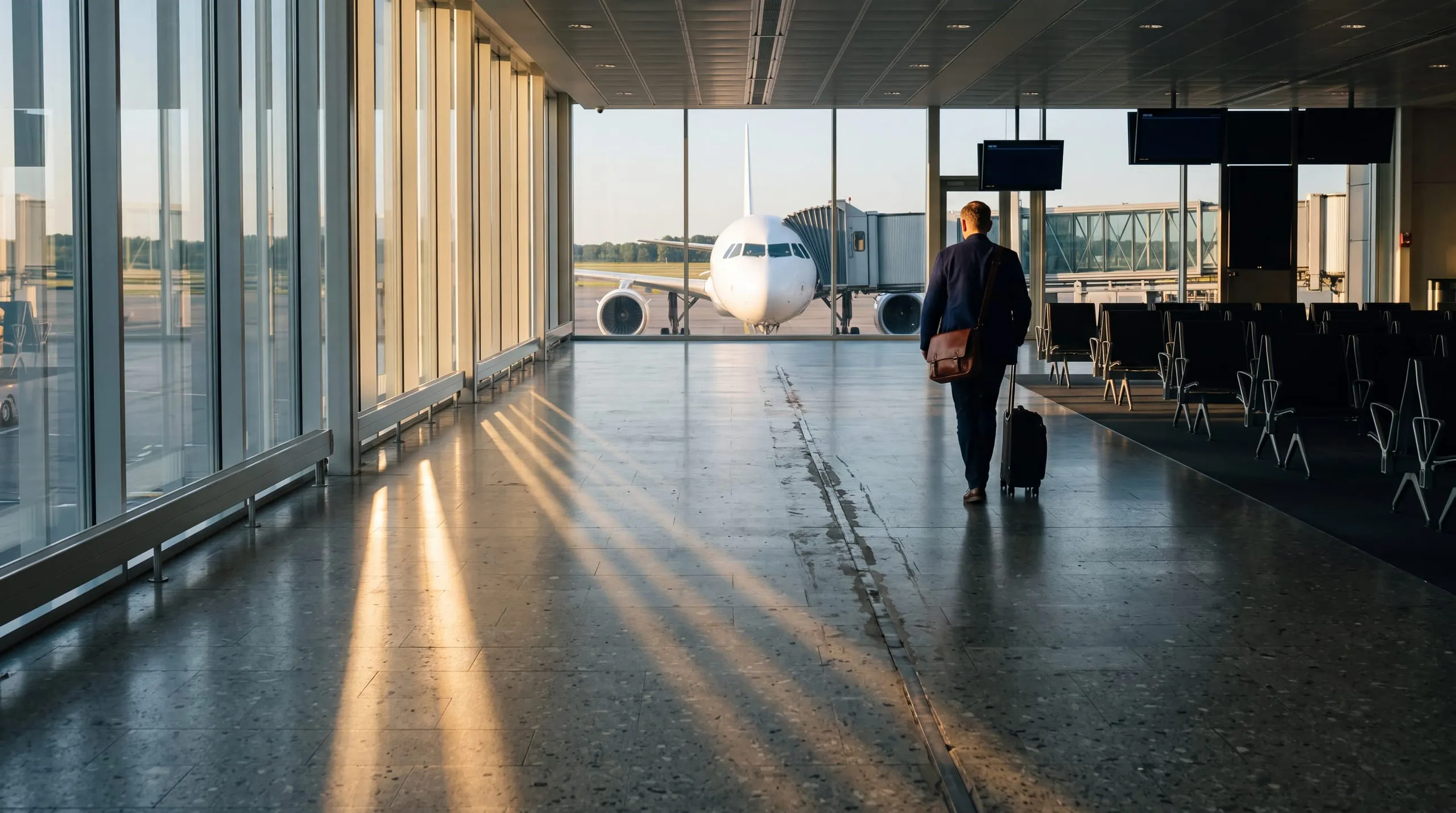 A traveller seen from behind walking along a bright airport pier toward a window where an aircraft stands in low morning sun.